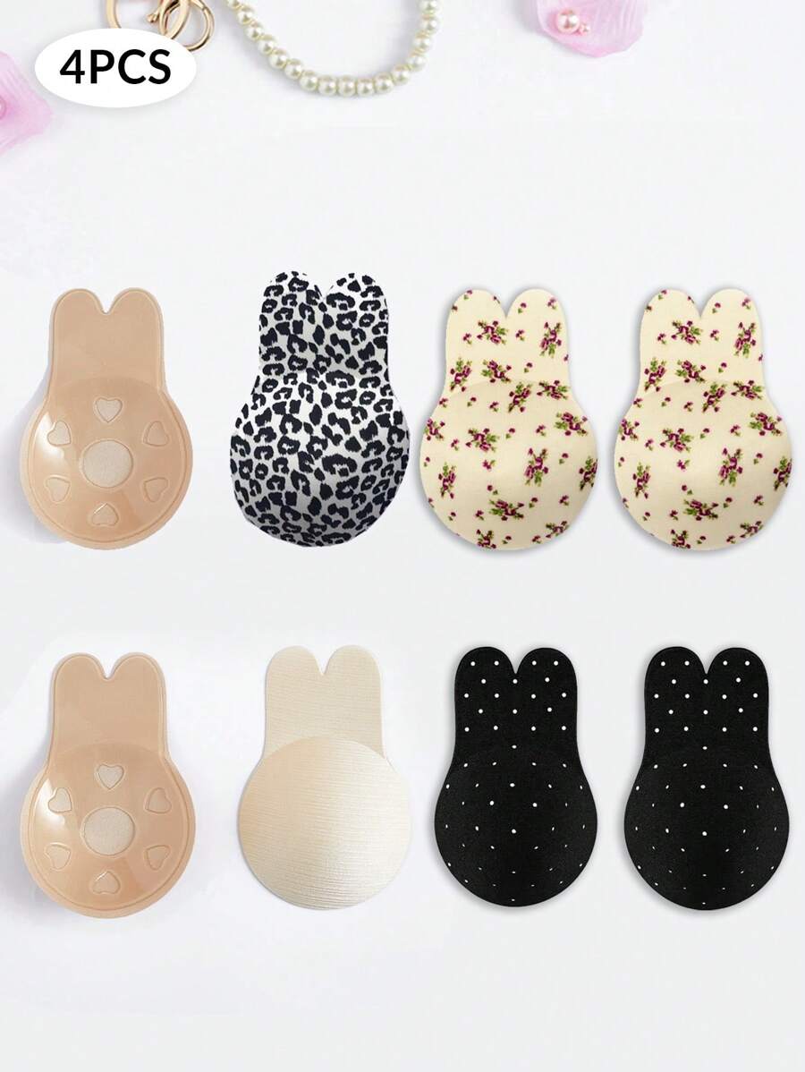 4pairs Rabbit Ear Lift Up Breast Stickers, Strapless Self-Adhesive Silicone Invisible Bra, One Piece Push Up Bunny Nipple Cover - Multicolor - View 1