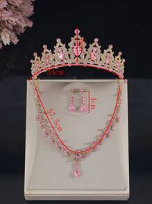 4pcs Girls Kids Accessories Set - Pink Crystal Crown, Gold Alloy Necklace, Earrings, Suitable For Holiday Outfits, Stage Performance, Fashion Show, Great Gift For Children Birthday