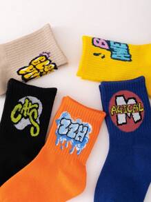 Conjunto De 5 Pares De Meias Esportivas De Desenhos Animados E Graffiti Com Letras Para Meninos, Confortáveis ​​e Versáteis, Adequadas Para Uso Diário