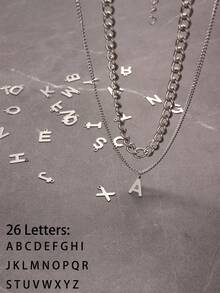 2入組時尚嘻哈風格不鏽鋼26個字母吊墜項鍊（男士款）,復活節禮物佳選,夏季男士實惠飾品 - 銀色 - 查看 1
