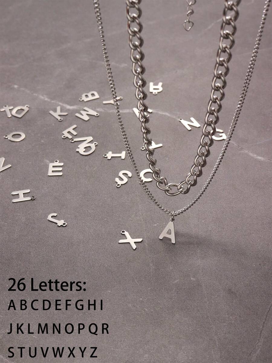2入組時尚嘻哈風格不鏽鋼26個字母吊墜項鍊（男士款）,復活節禮物佳選,夏季男士實惠飾品 - 銀色 - 查看 1