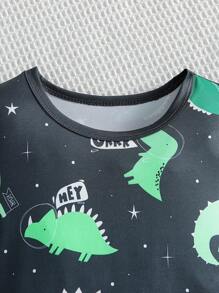 Young Boy Comfortable Glow-In-The-Dark Cartoon Dinosaur Pattern Pajama Set, Summer (Glow Effect Only Under UV Light) - Black - View 6