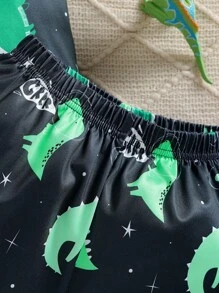 Young Boy Comfortable Glow-In-The-Dark Cartoon Dinosaur Pattern Pajama Set, Summer (Glow Effect Only Under UV Light) - Black - View 8