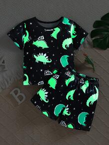 Young Boy Comfortable Glow-In-The-Dark Cartoon Dinosaur Pattern Pajama Set, Summer (Glow Effect Only Under UV Light) - Black - View 4
