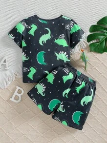 Young Boy Comfortable Glow-In-The-Dark Cartoon Dinosaur Pattern Pajama Set, Summer (Glow Effect Only Under UV Light) - Black - View 3