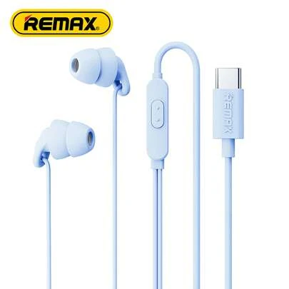  Auriculares con cable tipo C de 1,2 m Remax, micrófono dinámico HiFi, material de silicona de una sola pieza, tapones para los oídos que aíslan el ruido, cancelación de ruido y potenciación de graves, color azul