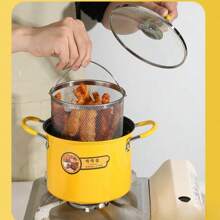 1pc Large Capacity Fryer Pot With Filter Net, Home Use Multi-Functional Non-Smoking & Oil Saving Pan, Non-Stick Fryer - Yellow - View 1