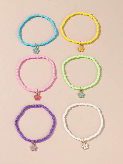 Bộ 6 vòng tay hạt cườm và hoa anh đào cho bé gái, phụ kiện trang trí hàng ngày.