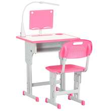 HOMCOM Banco Scuola Con Sedia Per Bambini 6-12 Anni Altezza Regolabile, Lampada LED, Leggio E Portapenne, Acciaio E MDF, Blu - Pink - View 3
