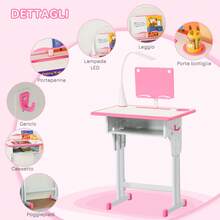 HOMCOM Banco Scuola Con Sedia Per Bambini 6-12 Anni Altezza Regolabile, Lampada LED, Leggio E Portapenne, Acciaio E MDF, Blu - Pink - View 6