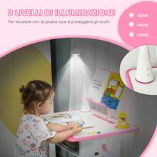 HOMCOM Banco Scuola Con Sedia Per Bambini 6-12 Anni Altezza Regolabile, Lampada LED, Leggio E Portapenne, Acciaio E MDF, Blu - Pink - View 8