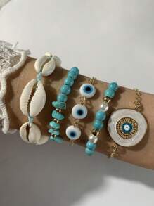 imoli 5pcs/Set Fashionable Oil Drip Devil's Eye Rhinestone Bracelet Set For Women, Party Gift (Chain Length Cut To Size, Slight Variation In Eye Bead Count And Oil Painting Color) - 25977-a - View 8