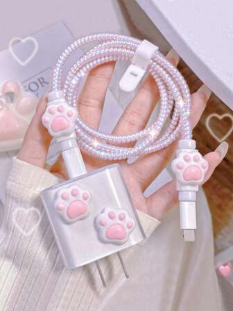 卡通貓掌數據線充電頭保護套裝1.5m繞線器和固定夾5件/套，兼容iPhone 12/13/14快速充電數據線