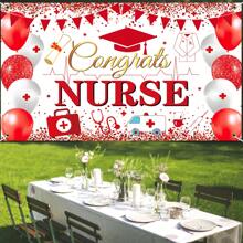 Nurse Party Backdrop, Gold Red Congrats Nurse Graduation Theme Photography Background For Class Of 2025 Graduation Party Decorations Banner (71x43inch) - Red and White - View 6