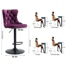 2/4/6 Piece Set Adjustable Swivel Bar Stools, Dining Bar Chairs With Velvet Tufted Back, Metal Base, Footrest For Home Bar, Dining Room, Kitchen Island. - Purple - View 11