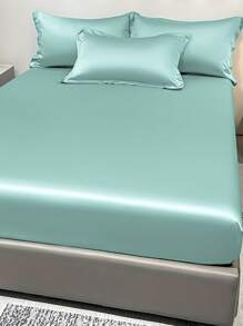 1pc Satin Solid Color Fitted Sheet, Bedroom Use Sea Green Ice Silk Bed Cover, Bedding Set