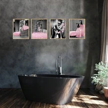 6入組時尚粉黑白帆布海報,現代女性幽默浴室壁畫裝飾,無框 - 粉色 - 查看 6