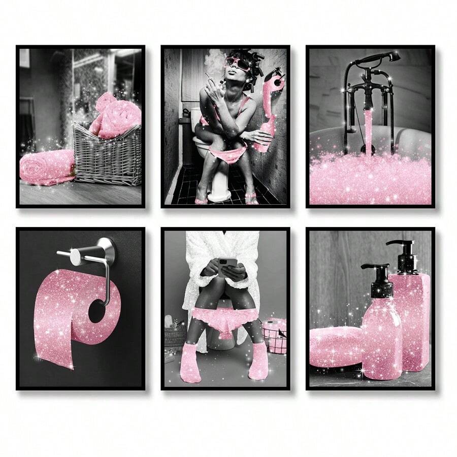 6入組時尚粉黑白帆布海報,現代女性幽默浴室壁畫裝飾,無框 - 粉色 - 查看 1