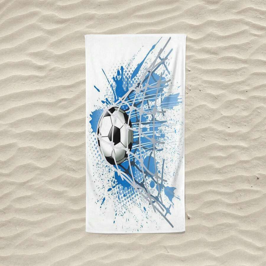 1入組足球印花藍色纖維沙灘巾具太陽防護和吸水功能,柔軟且超微細,適用於男女戶外使用,適合夏季、沙灘、游泳池、假期,適用於男孩 - 彩色 - 查看 1