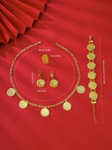 5 件套时尚开斋节主题夸张仿古硬币吊坠项链、耳环、手链、戒指女士黄金首饰套装、婚礼配饰 - 金黃色 - 查看 5