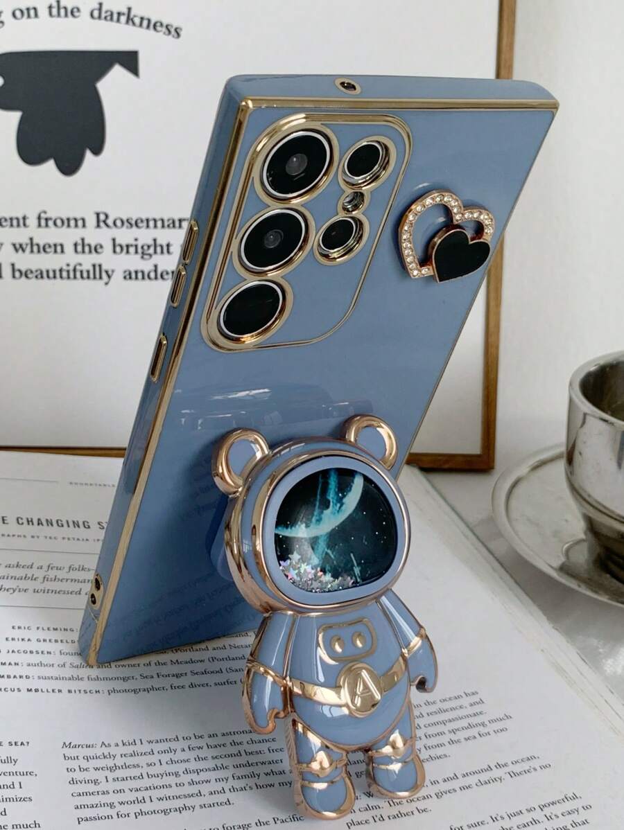 1入新潮流電鍍手機殼，含流體沙和太空人支架，適用於蘋果、華為、三星、紅米、小米、vivo、oppo、moto - 藍色 - 查看 1