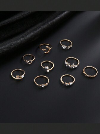 ชุดแหวน 9ชิ้น/เซ็ต ลวดลายคริสตัล สไตล์ยุโรปและอเมริกัน รูปหัวใจ ผีเสื้อ ดาว และพระจันทร์ แหวนประจำวันที่ใช้งานได้หลากหลาย สำหรับผู้หญิง เหมาะสำหรับวันวาเลนไทน์