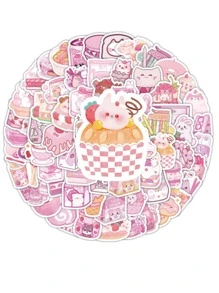 100 pièces Autocollants de gribouillages de dessins animés de collations roses, décoratifs pour bouteilles d'eau, voitures, bagages, décalcomanies d'autocollants