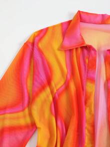 新款夏季沙滩罩衫 薄纱印花防晒长袖沙滩防晒服 度假休闲 - 橘色 - 查看 4