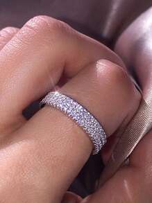 1pc Bridal Fashionable Women's Micro Paved Cubic Zirconia Ring, Daily All-Match Accessory Hand Ornament Party - Silver - View 3