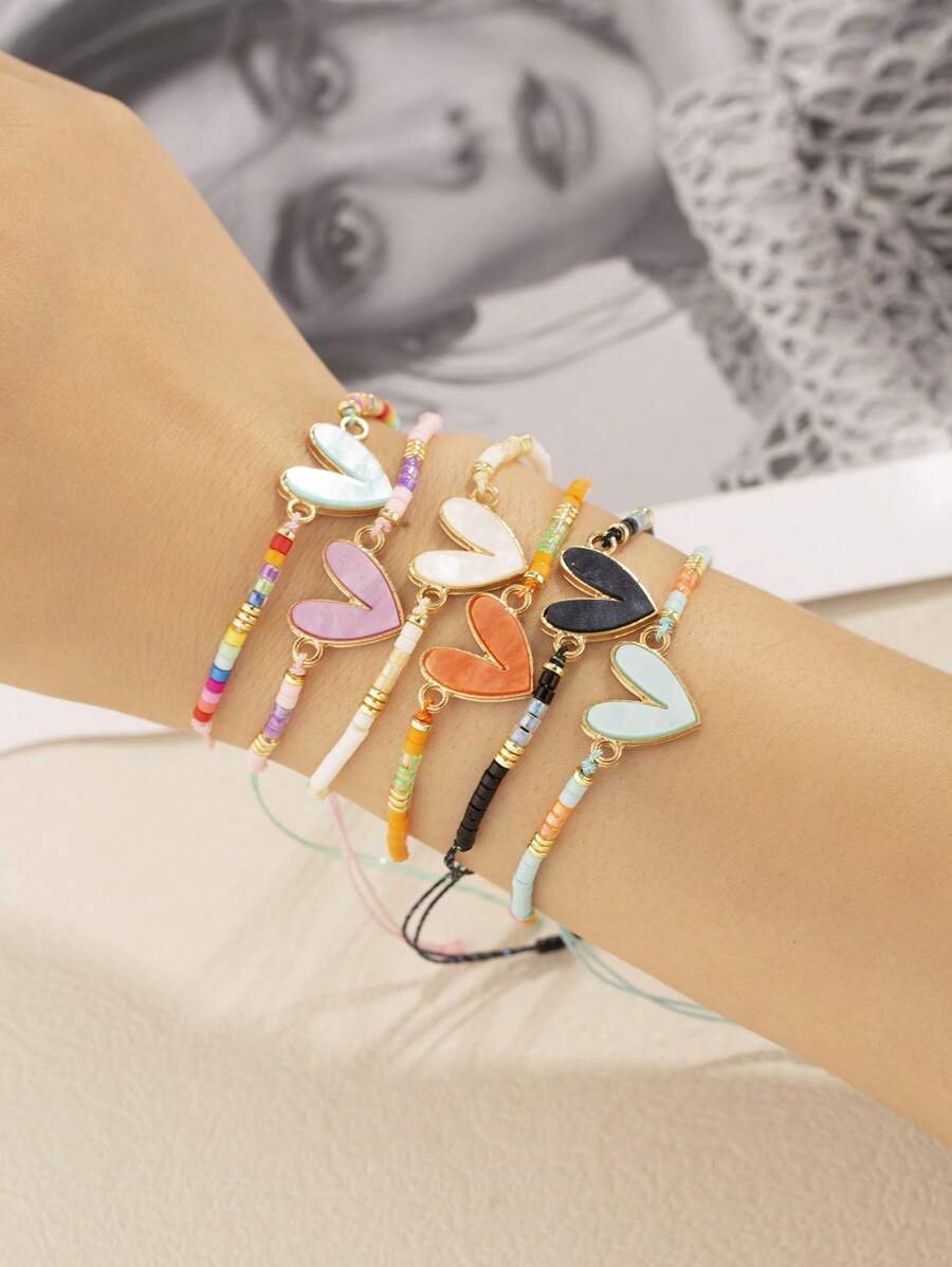 Set de 6 pulseras con cuentas de vidrio de colores y aleación de zinc con forma asimétrica de corazón para el Día de San Valentín - vistoso - Ver 1