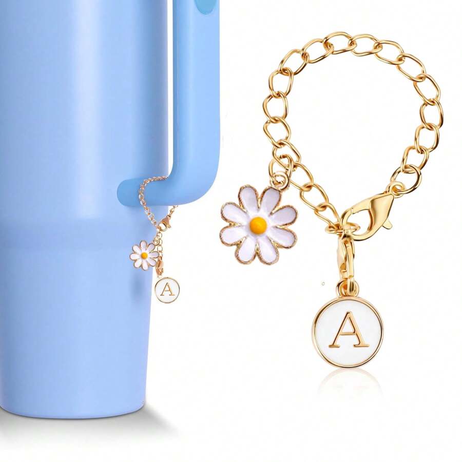 Nuevo accesorio de Charm de letra floral, tapa con cubierta de paja para taza, placa de identificación de nombre inicial, Charm personalizado para tumblers de 30 y 40 onzas, cadena de Charm de letra de identificación, regalo del Día de la Madre - flores redondas blancas - Ver 1