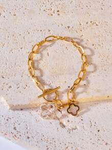 1 件时尚不褪色钛钢链和方晶锆石镂空四叶草幸运吊坠手链，适合女性日常佩戴情人节、妈妈、母亲、母亲节、礼物 - 金黃色 - 查看 2