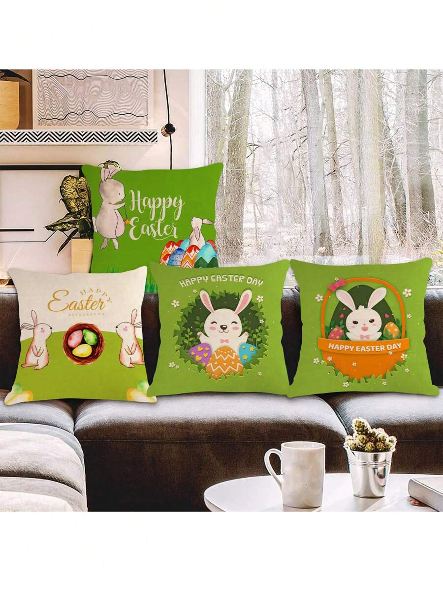 4入組/套聖派翠克節、復活節、兔子、三葉草、綠帽圖案裝飾枕套,不含枕頭心,非常適合家庭客廳沙發裝飾 - 橘色 - 查看 1