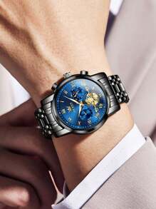 OLEVS. OLEVS Men's Watch Analog Quartz Movement Business Stainless Steel Waterproof Luminous Chronograph Day Date Luxury Dress Business Big Face Rome Number Diamond Dial Male Wrist Watches - 藍色 - 查看 3