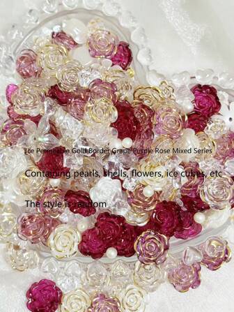 A Bag Of 70 Grams Of Ice Permeating Golden Edged Grape Purple Three-Dimensional Starry Rose Mixture, Bow, Faux Pearl DIY Bracelet, Phone Case, Necklace, Jewelry, Homemade Friend Gifts, Perforated Multifunctional Jewelry, And Decorative Props Can Be Used As Frame Decoration To Create Celebrity Card Props, Decorations, And Landscapes At An Affordable Price And High Cost Performance Ratio. Various Styles Have Been Carefully Crafted, Including Faux Pearls, Ice Cubes, And Roses, Each Individually Packaged Valentines