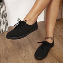 Women Solid Color Canvas Flat Shoes, Round Toe Breathable Lace-Up Anti-Slip Shoes, Classic Lady Canvas Shoes, Solid Color Low-Cut Lace-Up Casual Shoes, Comfortable Athletic Outdoor Shoes