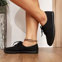 Women Solid Color Canvas Flat Shoes, Round Toe Breathable Lace-Up Anti-Slip Shoes, Classic Lady Canvas Shoes, Solid Color Low-Cut Lace-Up Casual Shoes, Comfortable Athletic Outdoor Shoes