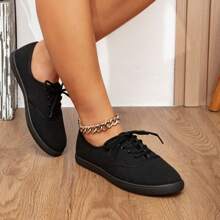 Women Solid Color Canvas Flat Shoes, Round Toe Breathable Lace-Up Anti-Slip Shoes, Classic Lady Canvas Shoes, Solid Color Low-Cut Lace-Up Casual Shoes, Comfortable Athletic Outdoor Shoes