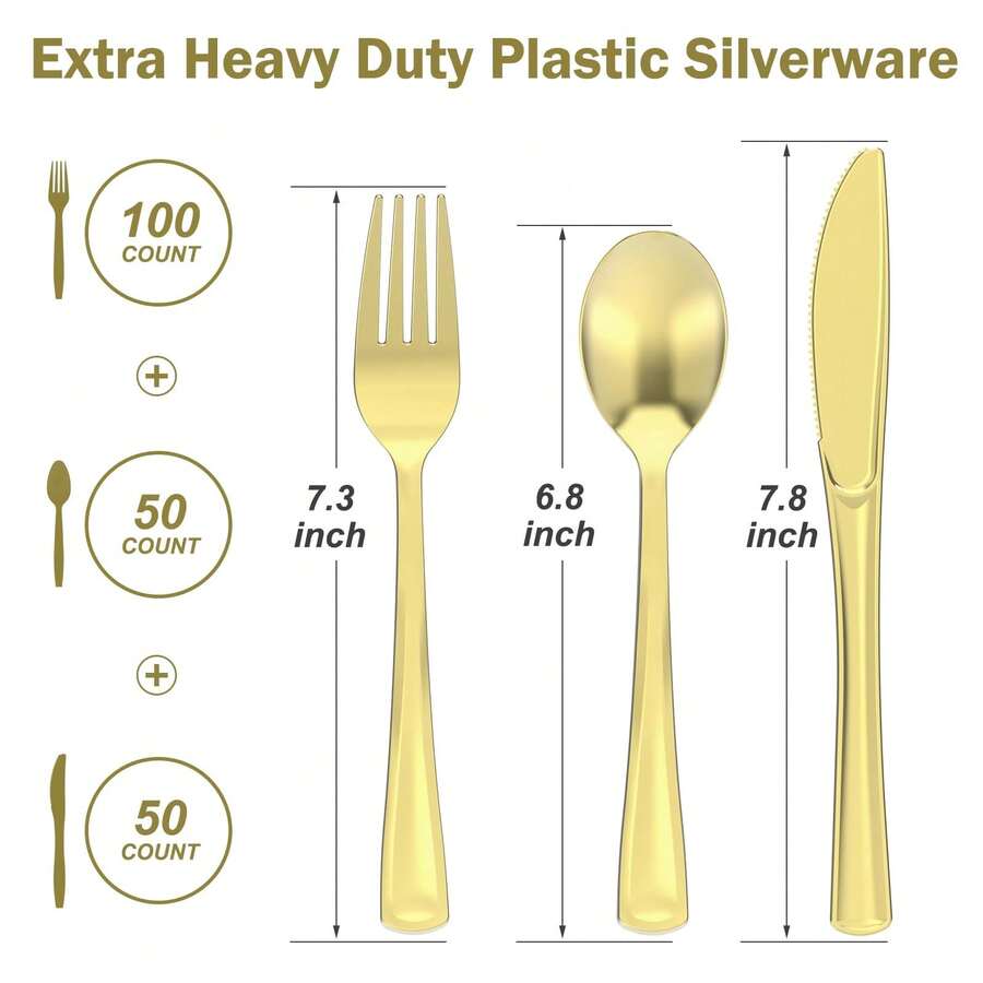 200 Count Heavy Duty Gold Plastic Silverware, 100 Forks, 50 Spoons, 50