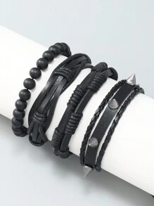 4入組龐克風格黑色皮革鉚釘手鐲 - 黑色 - 查看 6