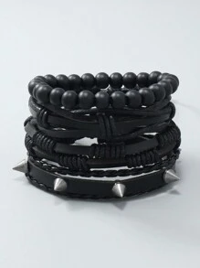 4入組龐克風格黑色皮革鉚釘手鐲 - 黑色 - 查看 2
