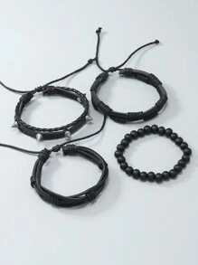 4入組龐克風格黑色皮革鉚釘手鐲 - 黑色 - 查看 4