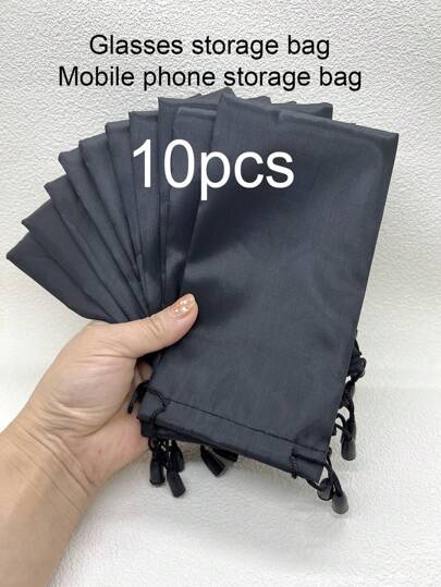 10pcs Black Eyeglass Pouches With Drawstring Closure, Multi-Functional Microfiber Sunglasses Cleaning Cloth Pouches
