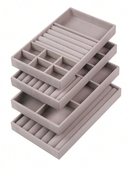 1pc/4pcs Stackable Velvet Jewelry Trays, Jewelry Storage Display Tray All Velvet For Drawer, Earring Necklace Bracelet Ring Organizer Case, (Gray,  Dark Green, Pink)