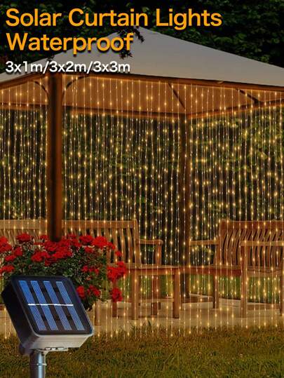 1pc Solar LED Garland Curtain Lights 8 Modes On The Window Outdoor Waterproof Fairy Light String For Wedding, Courtyard,Party ,Staircase Home Decoration Fall Decor House Decor Outdoor Decor