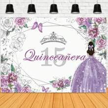 Fondo Fotográfico De Cumpleaños 15 De Quinceañera Para Decoraciones De Fiesta De 15 Años, Fondos Morados De Fotografía De Vinilo Para Utilería Fotográfica - Multicolor - Ver 1