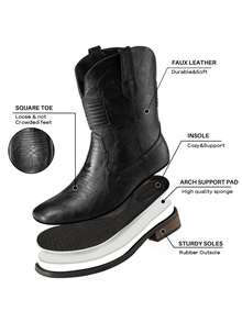 Cowboy Boots For Men - Mens Square Toe Western Boot With Flag, Faux Leather Booties, Botas Para Hombre Vaqueras Suitable For Concert, Daily, Wedding - Black - View 2