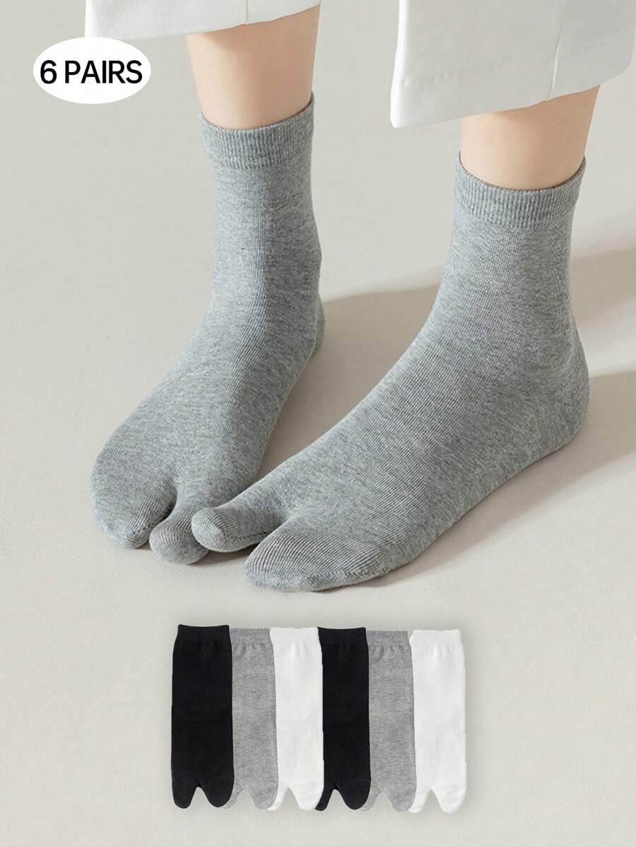 6 paires de chaussettes séparatrices d'orteils pour femmes, noires, blanches, grises, chaussettes sans talon à deux orteils, style japonais, chaussettes mi-mollet pour sabots, automne - Multicolore - Voir 1
