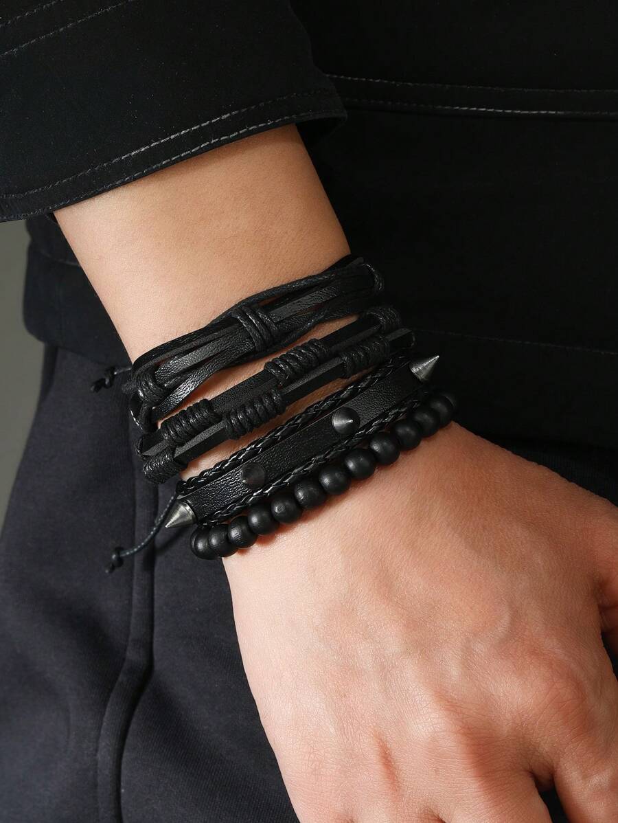 4入組龐克風格黑色皮革鉚釘手鐲 - 黑色 - 查看 1