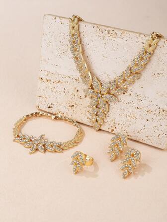 5pcs Elegant Lady Wedding Jewelry Set Golden Leaf Rhinestone Necklace Ring Earrings Bracelet The  Festival Gift